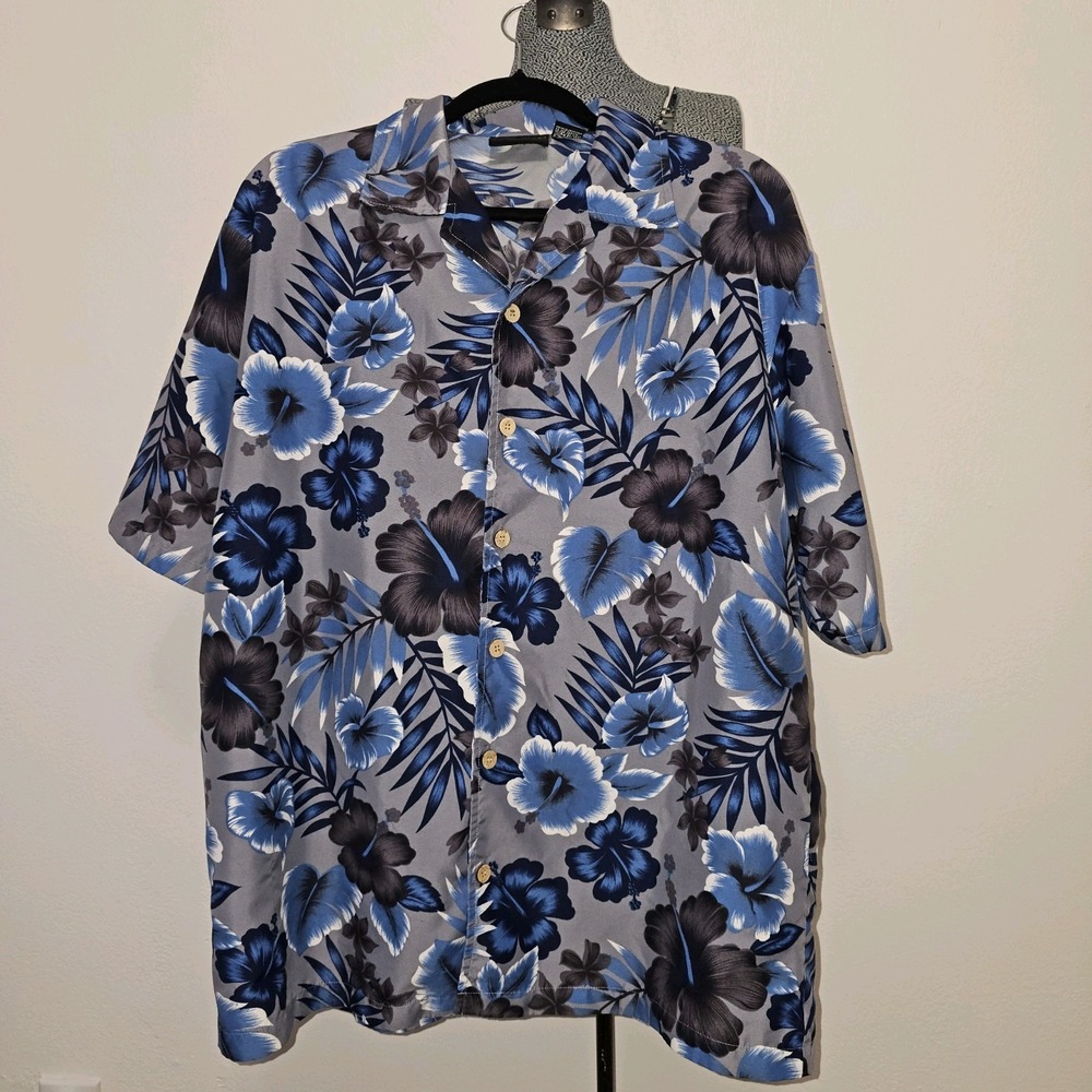 ODO Mens Hawaiian Shirt L  Short Sleeve Button Up in Blue, Gray,‎ & White Colors